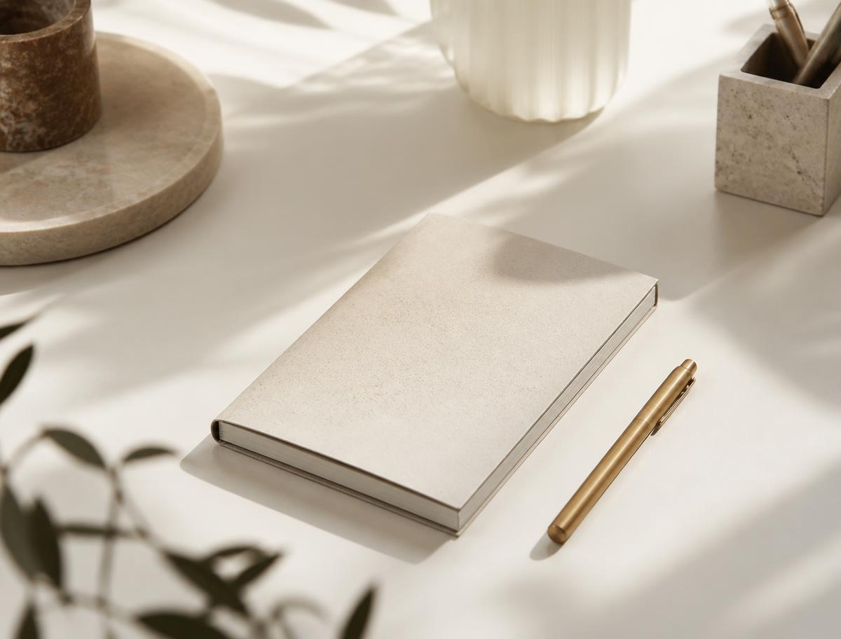 Minimal editorial desk with notebook and brass pen in warm daylight